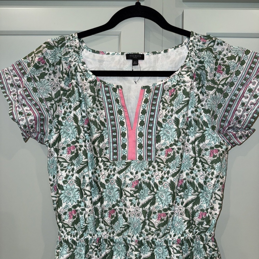 Talbots Petite Primrose Green Pink Floral Cotton Voile Fit Flare Dress Size 8P - Picture 3 of 10